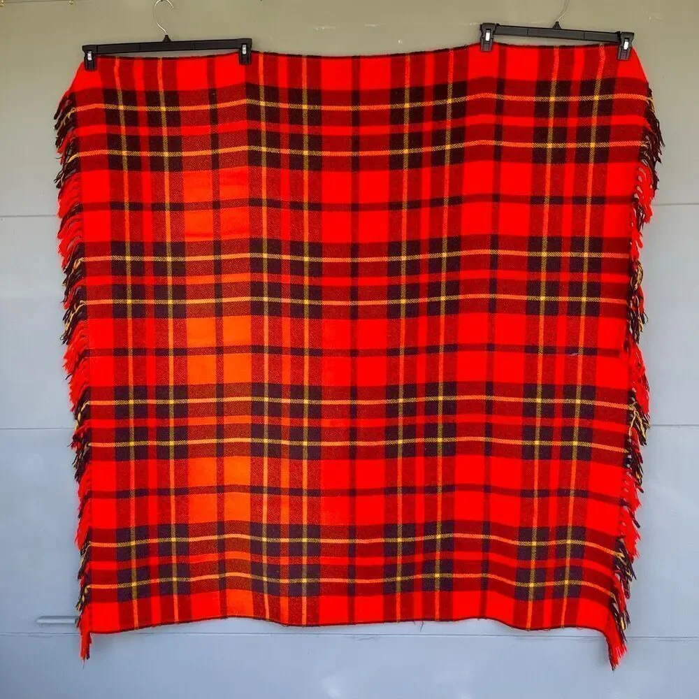 VTG Red Plaid Wool Blend Blanket Throw Fringed 54x54 Camp Picnic Stadium